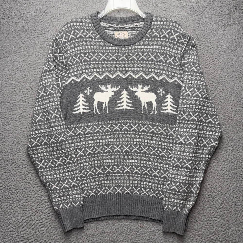 St. John's Bay Gray and White Moose Fair Isle Crewneck Sweater - Men